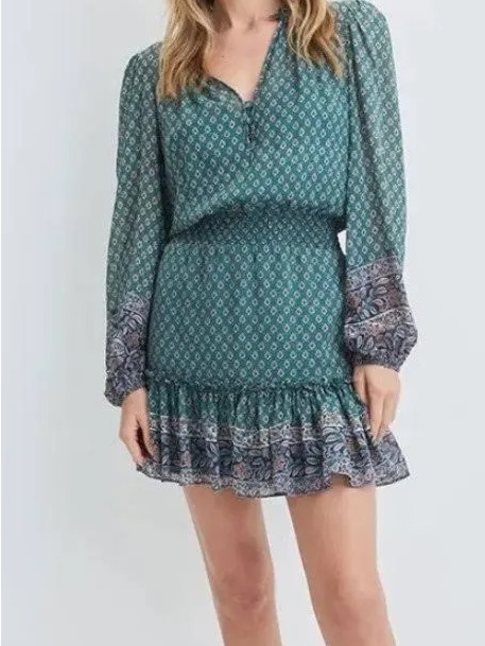 Veronica Beard destiny Long-Sleeve Smocked Mini Dress seaglass